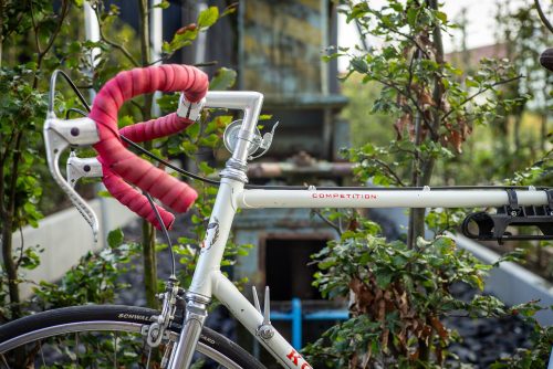 Weißes Vintage-Rennrad mit knallrotem Lenkerband wartet zwischen Grünpflanzen auf den Start